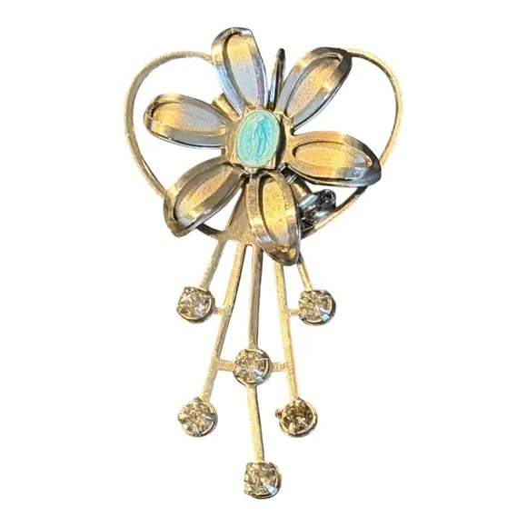 Vintage Madonna Cameo Flower Brooch Heart Rhinestone Dangle Pin - Picture 4 of 7